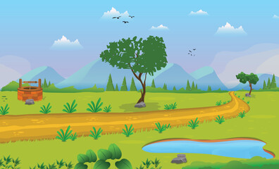 Vector illustration of a beautiful natural landscape cartoon background with lake, trees.