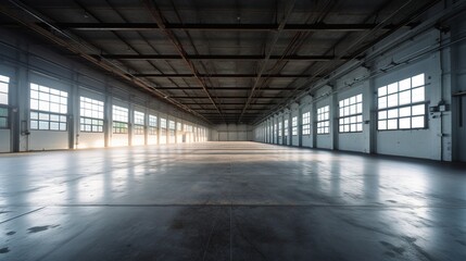 Large modern empty warehouse, photorealistic illustration. Generative art