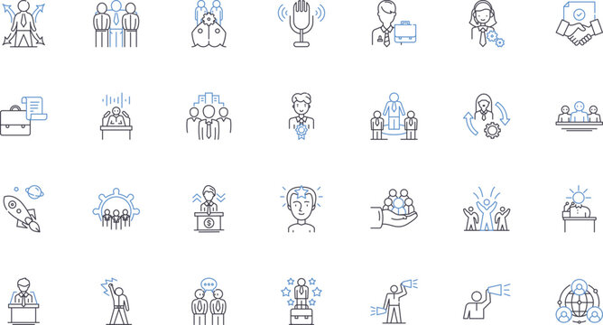 Governance system line icons collection. Accountability, Authority, Bureaucracy, Checks, Balances, Clarity, Collaboration vector and linear illustration. Commercialization,Compliance,Constitution