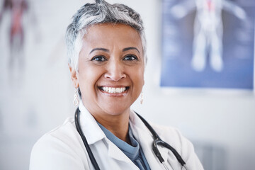 Senior woman, doctor and portrait smile for healthcare, anatomy or cardiology at hospital. Face of...