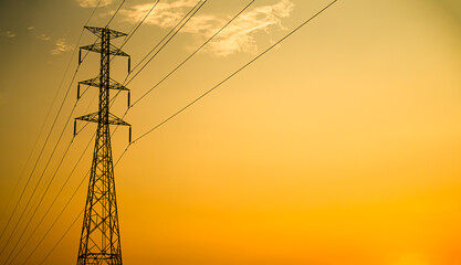 High Voltage Pole on Sunset Background,Line Electric Energy Power Station Tower Hight Voltage...