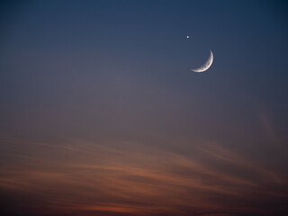 Obraz na płótnie Canvas Crescent Moon Star on Sunset Background,Ramadan Kareem Muslim Night Symbols,Landscape View Mubarak RamaZan Arabic Holy month Religions,Eid Al-Adha,Eid Al-fitr,New Years Muharram,Muharram Arab.