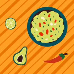 Guacamole. Traditional Mexican food. Digital imitation childlike style. Vector. 