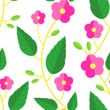 Pink flowers with green leaves isolated on a white background. Seamless vector pattern.