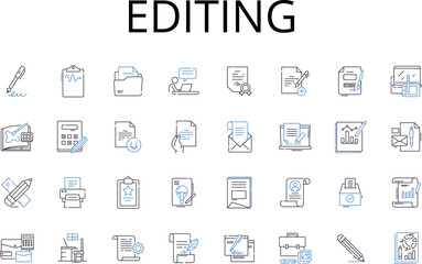 Editing line icons collection. Proofreading, Reviewing, Touch-up, Polishing, Revising, Refining, Correcting vector and linear illustration. Scrutinizing,Improving,Redrafting outline signs set