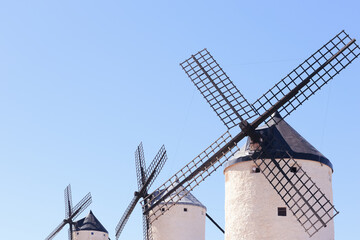 Three Don Quixote's windmills of Consuegra in Toledo. Representative picture in the area of "La Mancha"