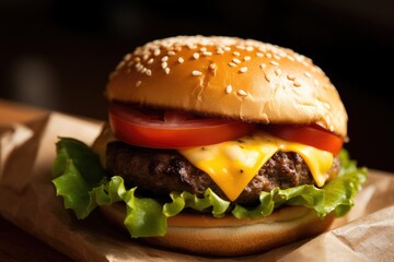 Beef burger filled with two beef cutlet and cheese on a black background photo, studio shot with copy space
