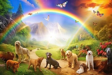 Pets play in a beautiful fairy garden filled with rainbows, clouds, and sunshine, creating a paradise for both dogs and cats. Even after death, animals believe in the continuation of life,AI-generated
