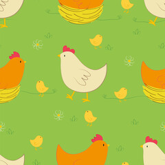 Vector seamless pattern with chickens and yellow chicks characters in green grass in cartoon style. Digital seamless Easter design with chickens and chicks