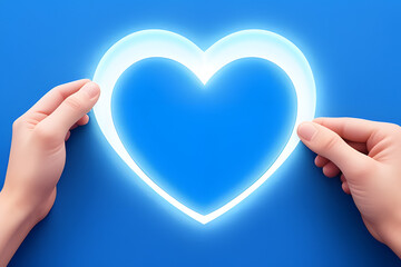 Hand holding happy smile face on blue background, Positive thinking, Mental health, World mental health day concept.