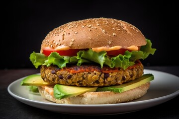 Veggie burger, with a homemade patty made of chickpeas, lentils, and vegetables with avocado, lettuce, tomato, and melted cheese
