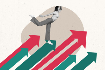 Collage picture of excited astonished black white colors mini girl look interested far away growing arrow upwards