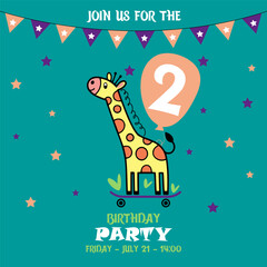 cute baby boy giraffe on a skateboard, birthday invitation, 2 years, join us for the birthday party, baby shower