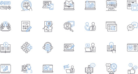 Web-based training line icons collection. E-learning, Distance learning, Online courses, Virtual classroom, Webinar, Interactive, Multimedia vector and linear illustration. Accessible,Personalized