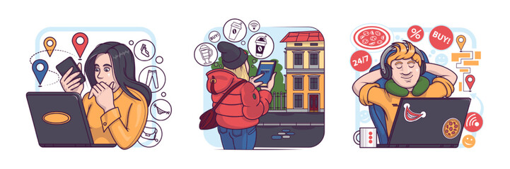 Set of cartoon characters buying goods using shopping apps