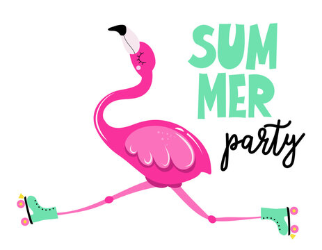 Naklejki Summer Party - Hand drawn summer flamingo illustration with funny words. Holiday color poster. Good for clothes, posters, greeting cards, banners, textiles, gifts, shirts, mugs.