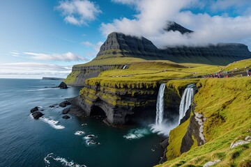 Gasadalur village and Beautiful waterfall, Vagar, Faroe Islands Generative AI. - obrazy, fototapety, plakaty