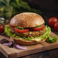 Veggie burger, with chickpeas, lentils, and vegetables, topped with cucumber, lettuce, tomato, and spicy on a multigrain bun 