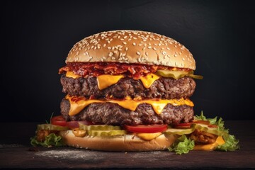 Beef burger filled with two beef cutlet and cheese on a black background photo, studio shot with copy space
