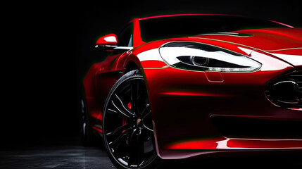 Close up red luxury car on black background with copy space