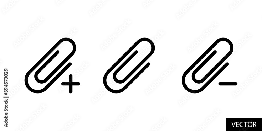 Poster add and remove attachment, paper clip with plus and minus sign vector icons in line style design for