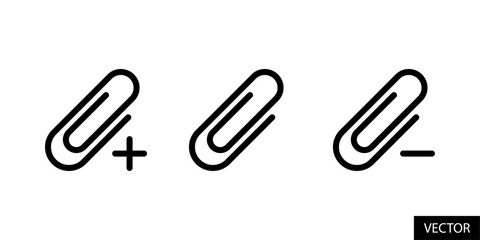 Add and remove attachment, paper clip with plus and minus sign vector icons in line style design for website, app, UI, isolated on white background. Editable stroke. Vector illustration.