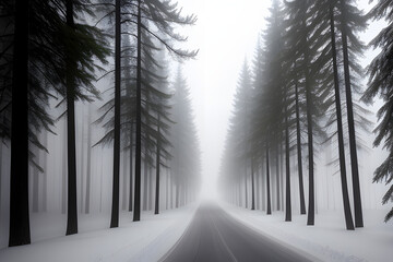 mysterious view of fog in the woods with snow covered road