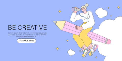 Woman designer flying on pencil . Creative or educational process banner, ad, landing page or poster for web design studio, startup or courses. Generating ideas, imagination, inspiration concept.