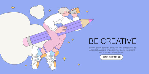 Woman designer flying on pencil . Creative or educational process banner, ad, landing page or poster for web design studio, startup or courses. Generating ideas, imagination, inspiration concept.