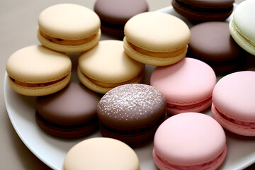 Obraz premium A group of dark mood french macaroons cookies in beige and brown