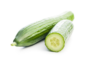 Sliced fresh green cucumber isolated on white background.