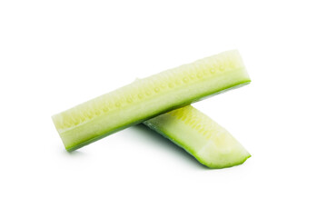 Sliced fresh green cucumber isolated on white background.