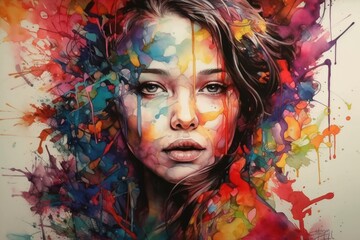 Realism style portrait of attractive female. Colorful abstract splashes.