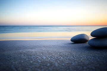 Fototapeta na wymiar Zen stones background. Tower of stones on the sea beach on a summer evening. Meditation, calmness, peace, mental health concept.