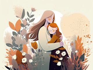 Happy mothers day illustration. A mother gets flowers from her child. Generative AI