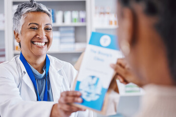 Smile, pharmacist with prescription drugs in package and advice on health care, medicine and...