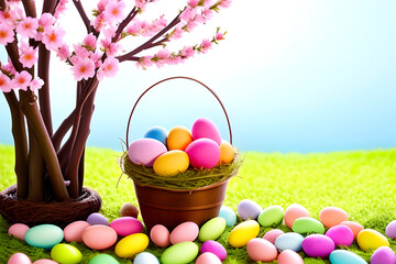 Fresh flowering branches decorated with easter colorful eggs in a vase. Holiday concept, home Decoration, happy childhood and family traditions. Close ... See More