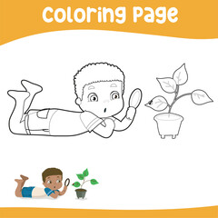 Coloring page outline of a cute little boy is watching a ladybug on a plant with a magnifying glass. Coloring book for kids. Vector black and white coloring page.