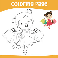 Coloring page outline of a cute Asian-American little girl do a shopping on the summer holiday. Coloring book for kids. Vector black and white coloring page.