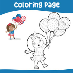 4th of July coloring page for kindergarten and preschool children. Coloring page a cute little girl holding balloons with American flag designs. America Independence Day colouring sheet 