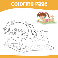 Coloring page outline of a cute little girl laying on the beach mat for sunbathing during the summertime. Coloring book for kids. Vector black and white coloring page.