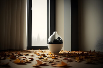 Minimalist monochrome still life composition with ceramic vase and autumn branch in beige color