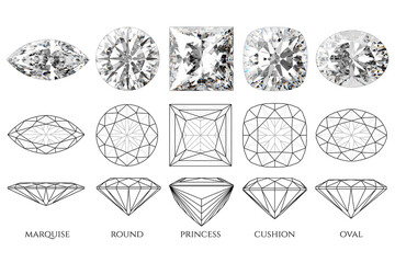 Brilliant-cut diamonds of various shapes with diagrams. 3d illustration isolated on white background