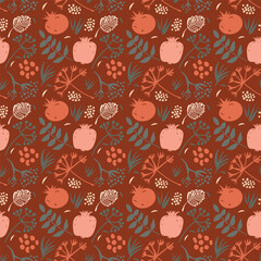 Seamless pattern with pomegranates, berries, floral on a brown background