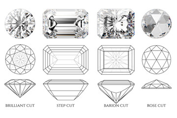 Four diamond cut styles - brilliant, step, barion, rose, with diagrams.  3d illustration isolated on white background - obrazy, fototapety, plakaty
