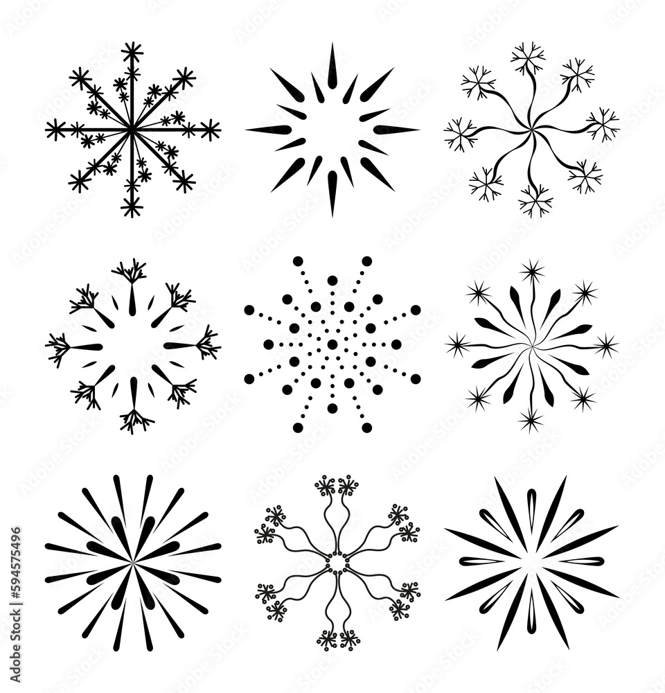 Aufkleber firework line icon set isolated on white. different black explosion, firecracker. jpeg burst pattern