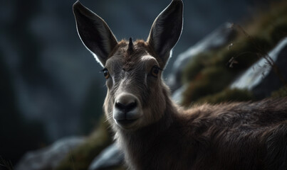 close up photo of chamois (genus Rupicapra) with blurry mountains as background. Generative AI - obrazy, fototapety, plakaty