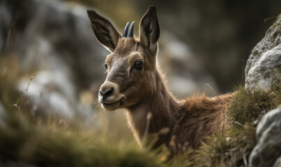 Fototapeta premium Photo of chamois (genus Rupicapra), captured as it navigates the rugged, mountainous terrain of its natural habitat. Generative AI