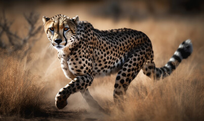 Fototapeta premium Photo of cheetah, frozen in mid-sprint, captured as it traverses grasslands of African savannah. This photograph brings viewers face to face with majesty of this magnificent creature. Generative AI