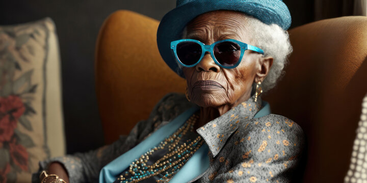 Generative AI image of elderly mature grey haired black african american woman, wears sunglasses, hat and stylish clothes looking at camera. Single senior retired female sitting on couch.